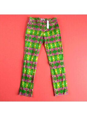 LAUREN GOLD Flamingo Print Green Pink Ankle Pants Size 0 NEW NWT